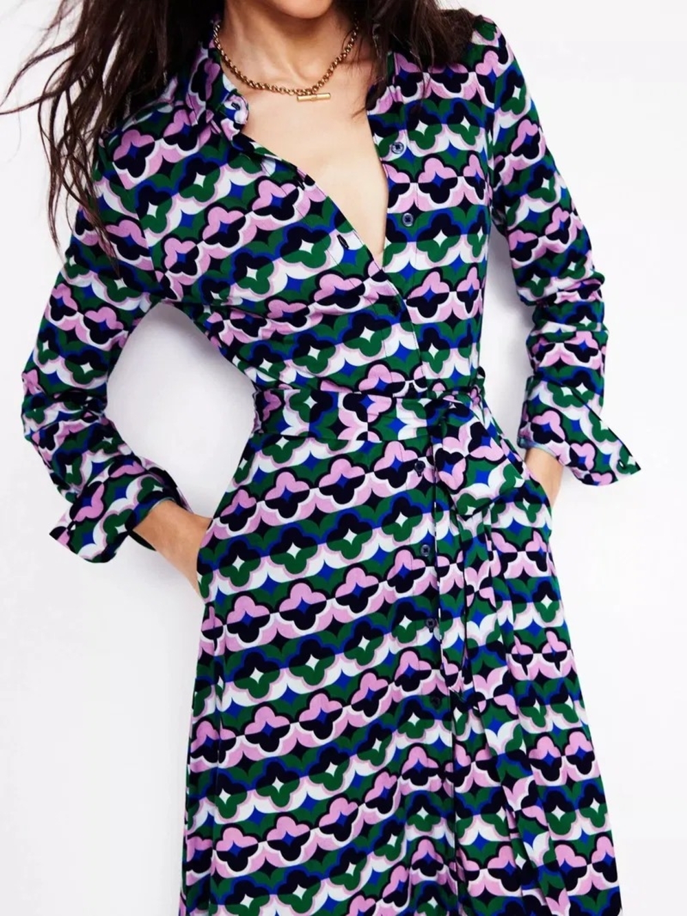 Boden Green, Purple & Pink Geometric Long-Sleeve Shirt Dress
